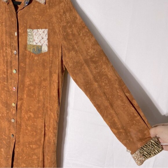 Vintage Nativewear Designs Burnt Orange Stone Wash Long Sleeve Button Up Top M - Picture 6 of 13